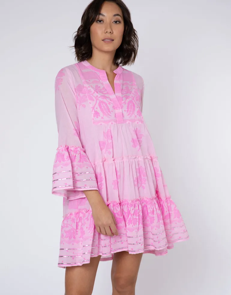 Dhaka Print Flared Sleeve Dress - Pink and Neon Pink