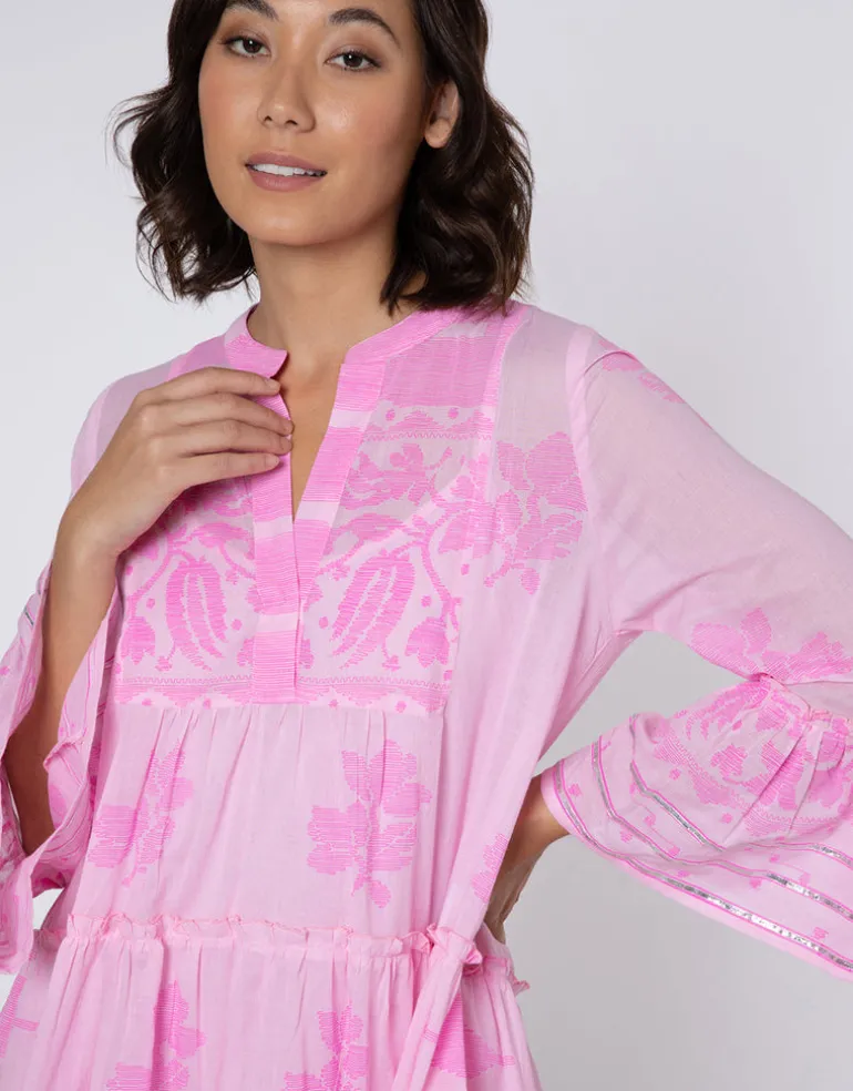 Dhaka Print Flared Sleeve Dress - Pink and Neon Pink