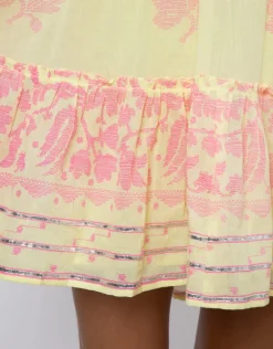 Dhaka Print Flared Sleeve Dress - Yellow and Fuchsia