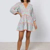 Ditsy Print V-Neck Tiered Mini Dress with Ric-Rac - Aqua and Neon Red