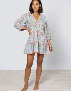 Ditsy Print V-Neck Tiered Mini Dress with Ric-Rac - Aqua and Neon Red