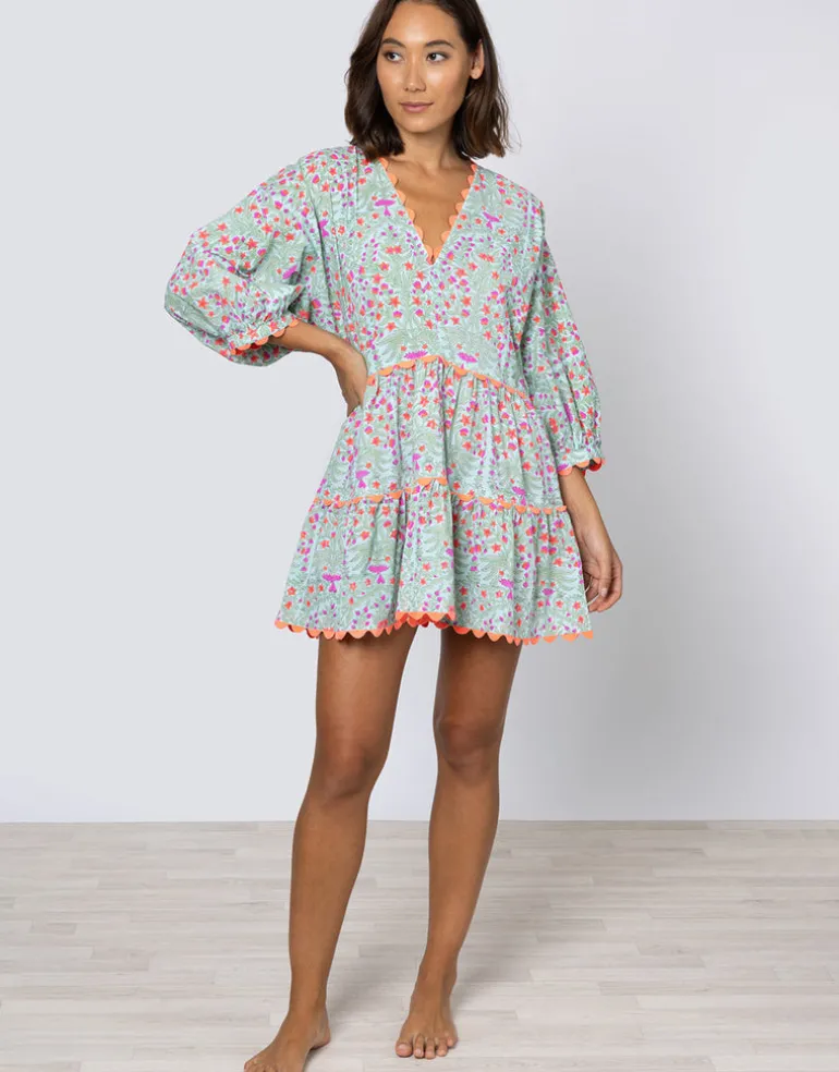 Ditsy Print V-Neck Tiered Mini Dress with Ric-Rac - Aqua and Neon Red