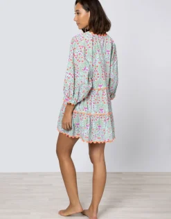 Ditsy Print V-Neck Tiered Mini Dress with Ric-Rac - Aqua and Neon Red