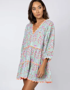 Ditsy Print V-Neck Tiered Mini Dress with Ric-Rac - Aqua and Neon Red