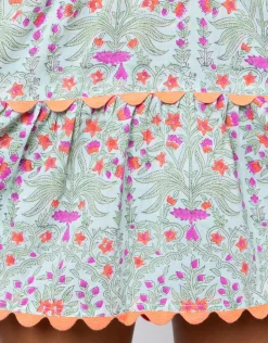 Ditsy Print V-Neck Tiered Mini Dress with Ric-Rac - Aqua and Neon Red