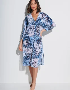 Ethnic Palm Midi Beach Shirt - Blue