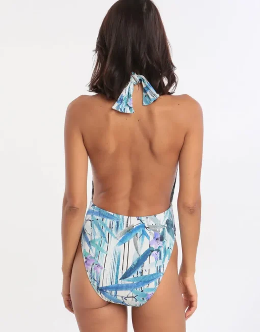 Exotic Paradise Deep Plunge High Neck Swimsuit - Multi Blue