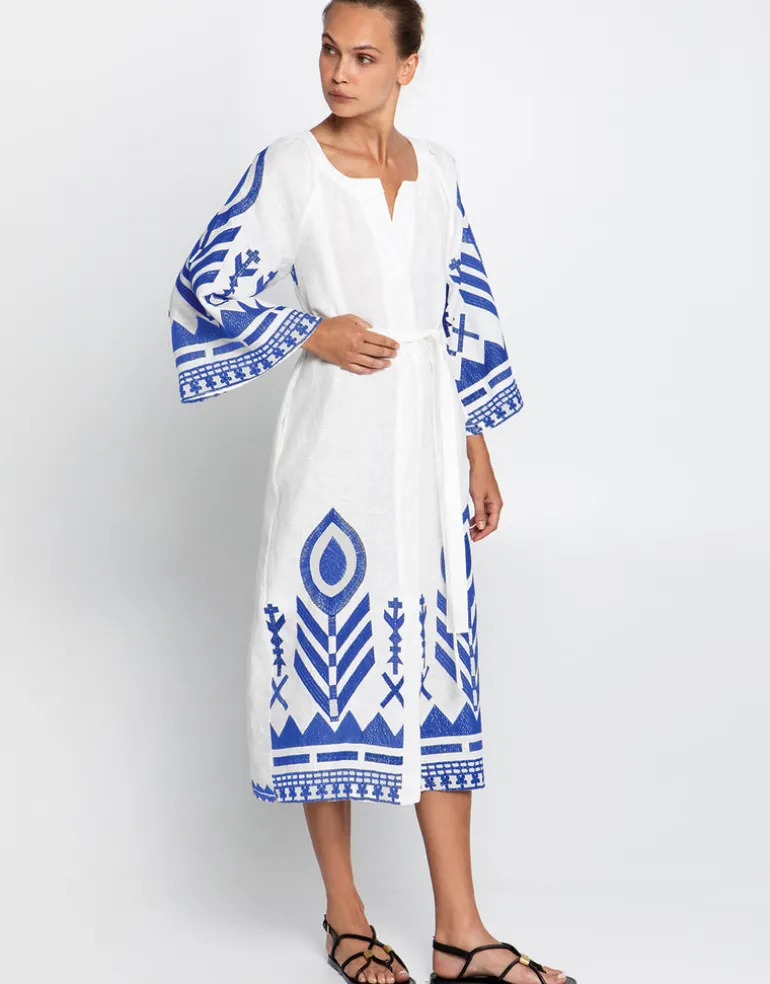 Feather Midi Kaftan - White and Blue