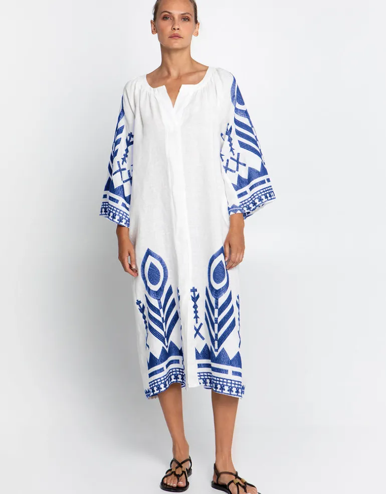 Feather Midi Kaftan - White and Blue