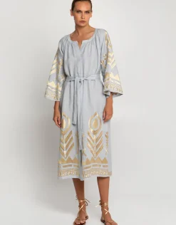 Feather Midi Kaftan - Light Grey and Gold