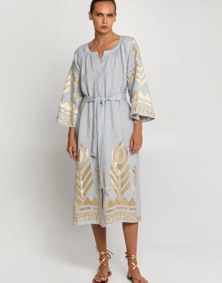 Feather Midi Kaftan - Light Grey and Gold