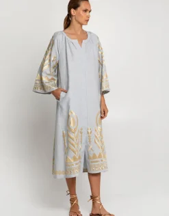 Feather Midi Kaftan - Light Grey and Gold