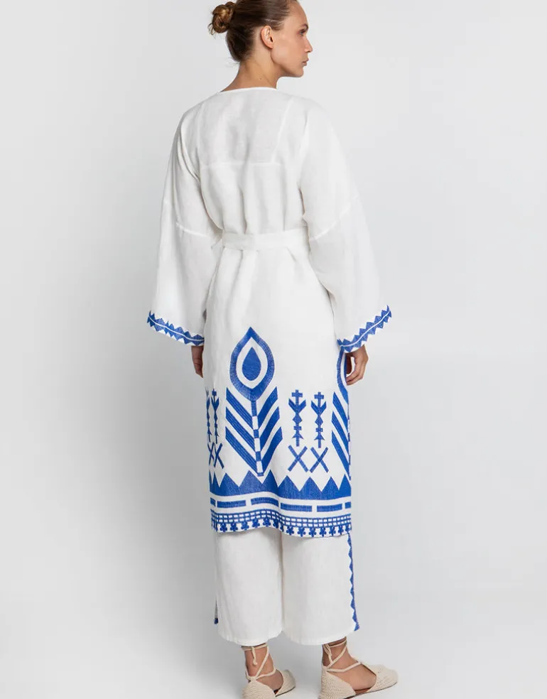 Feather Midi Kimono - White and Blue