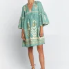 Feather Mini Dress - Sea Green and Gold