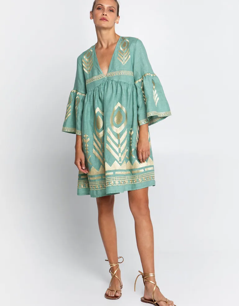 Feather Mini Dress - Sea Green and Gold