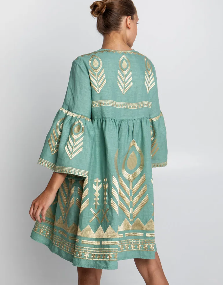 Feather Mini Dress - Sea Green and Gold