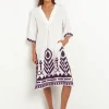 Feathers V Neck Midi Kaftan - White and Plum