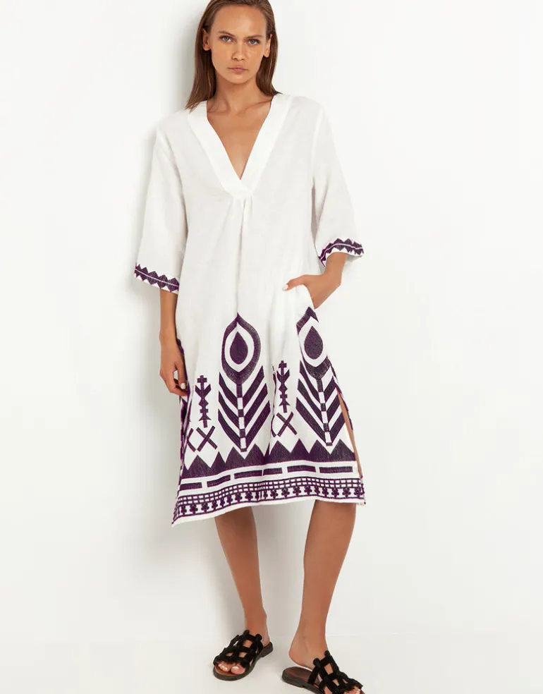 Feathers V Neck Midi Kaftan - White and Plum