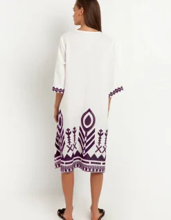 Feathers V Neck Midi Kaftan - White and Plum