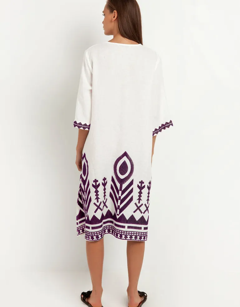 Feathers V Neck Midi Kaftan - White and Plum