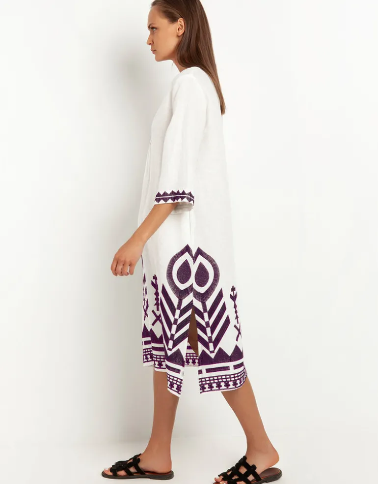 Feathers V Neck Midi Kaftan - White and Plum