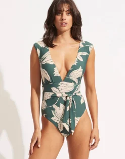 Fleur de Bloom V Neck Swimsuit - Evergreen