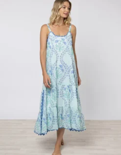 Ginko Print Swing Dress with Ric-Rac - Aqua and Blue