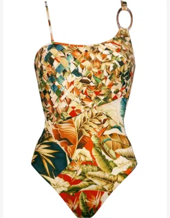 Hypnotic One Shoulder Swimsuit - Sepia Leaves