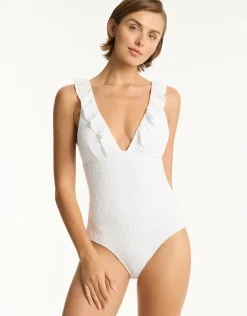 Interlace Frill Swimsuit - White