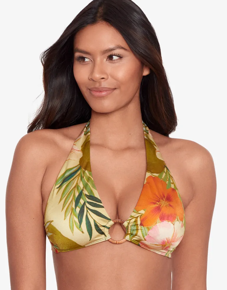Island Tropical Rattan Ring Halter Bikini Top - Print
