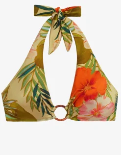 Island Tropical Rattan Ring Halter Bikini Top - Print