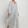 Lefkada Kimono Sleeve Maxi Kaftan - Light Grey and Gold
