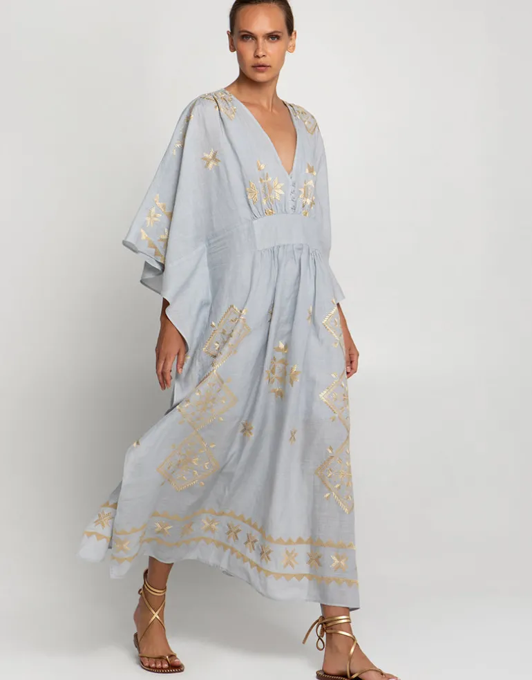 Lefkada Kimono Sleeve Maxi Kaftan - Light Grey and Gold