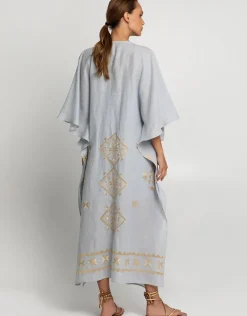 Lefkada Kimono Sleeve Maxi Kaftan - Light Grey and Gold