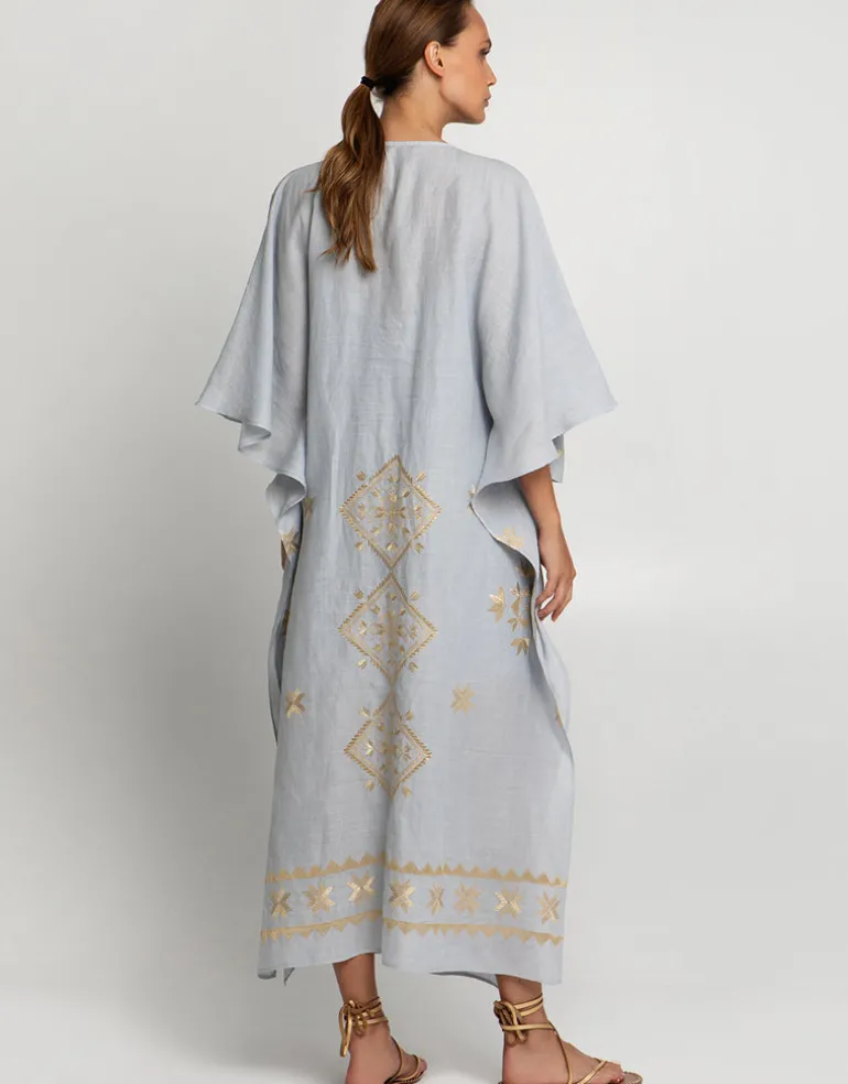 Lefkada Kimono Sleeve Maxi Kaftan - Light Grey and Gold