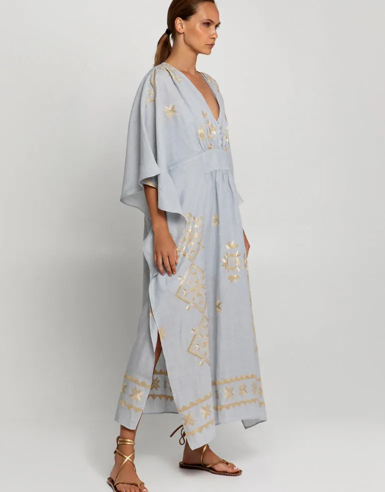 Lefkada Kimono Sleeve Maxi Kaftan - Light Grey and Gold