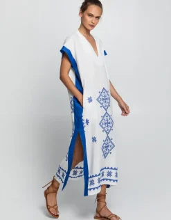 Lefkada Midi Kaftan Tunic - White and Blue