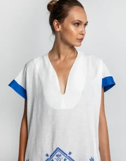 Lefkada Midi Kaftan Tunic - White and Blue