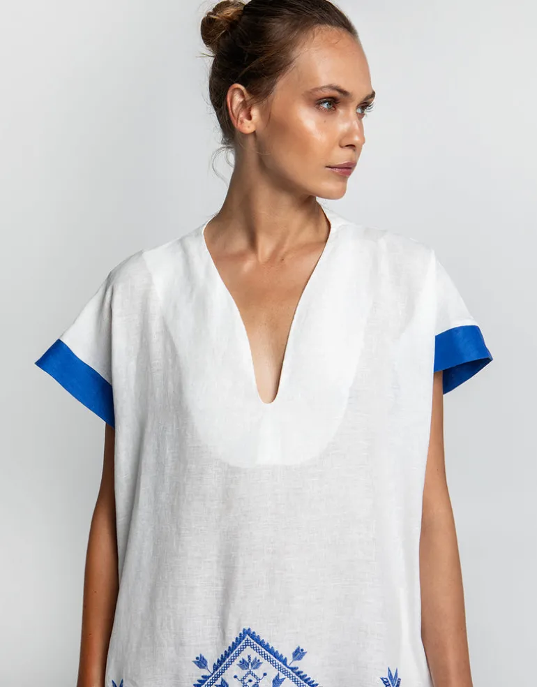 Lefkada Midi Kaftan Tunic - White and Blue