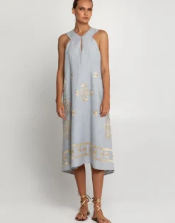 Lefkada Sleeveless Midi Dress - Light Grey and Gold