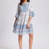 Marina 3/4 Sleeve Dress - White and Blue