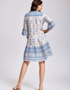 Marina 3/4 Sleeve Dress - White and Blue