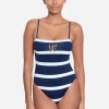 Mariner Stripe Embroidered Square Neck Swimsuit - Navy and White