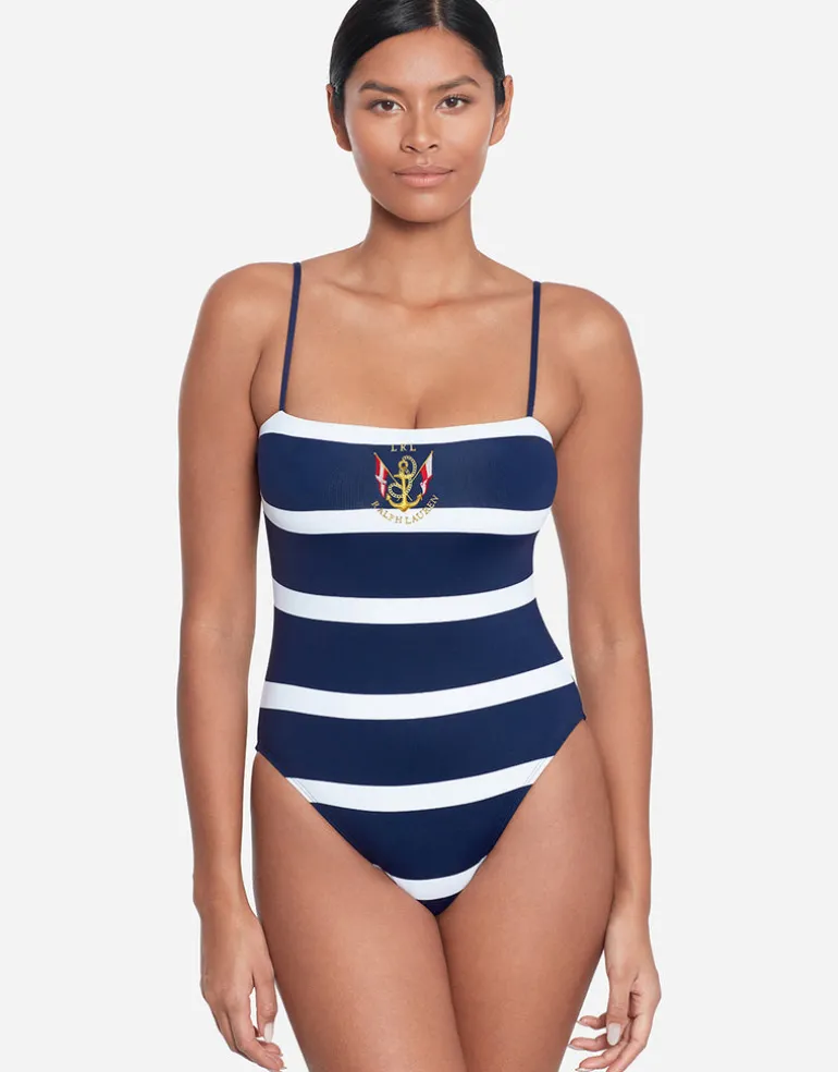 Mariner Stripe Embroidered Square Neck Swimsuit - Navy and White