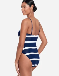 Mariner Stripe Embroidered Square Neck Swimsuit - Navy and White
