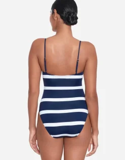 Mariner Stripe Embroidered Square Neck Swimsuit - Navy and White