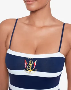 Mariner Stripe Embroidered Square Neck Swimsuit - Navy and White