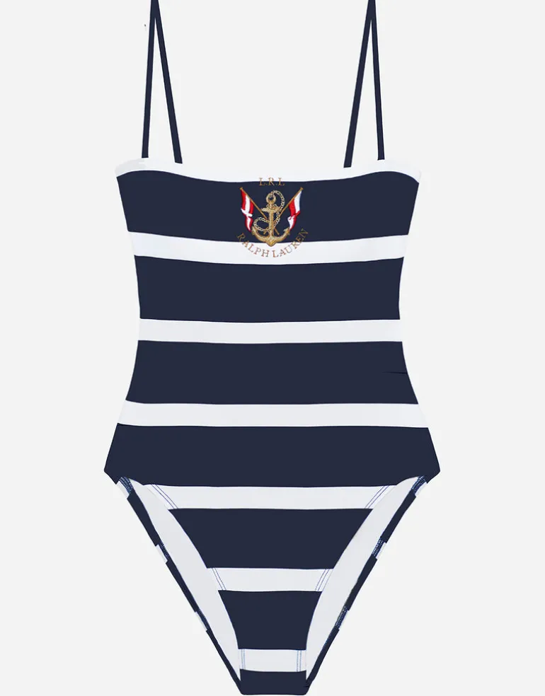 Mariner Stripe Embroidered Square Neck Swimsuit - Navy and White