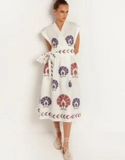 Mini Peacocks Wrap Midi Dress - White and Purple