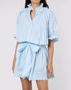 Poplin Blouson Dress with Ric-Rac Embroidery - Pale Blue
